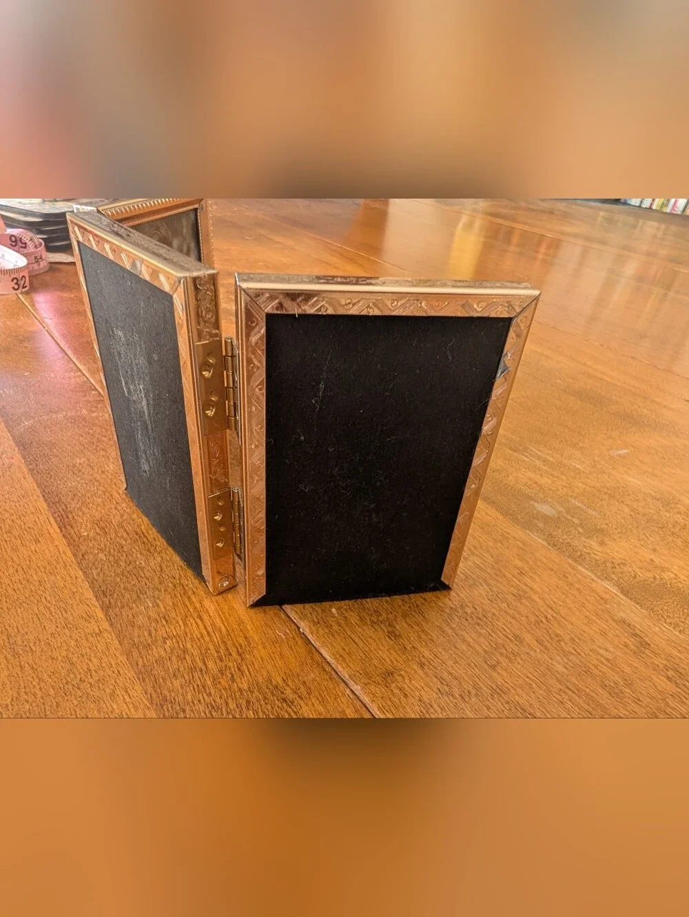 Vintage Gold Metal Photo Frames Tri-fold Hinged Frame Holds 2.25